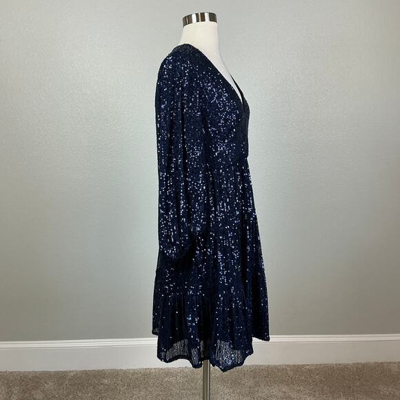 Eliza J Sequined Long Sleeve A-Line V-Neck Mini Cocktail Dress Navy Blue Size 8 - Picture 3 of 13